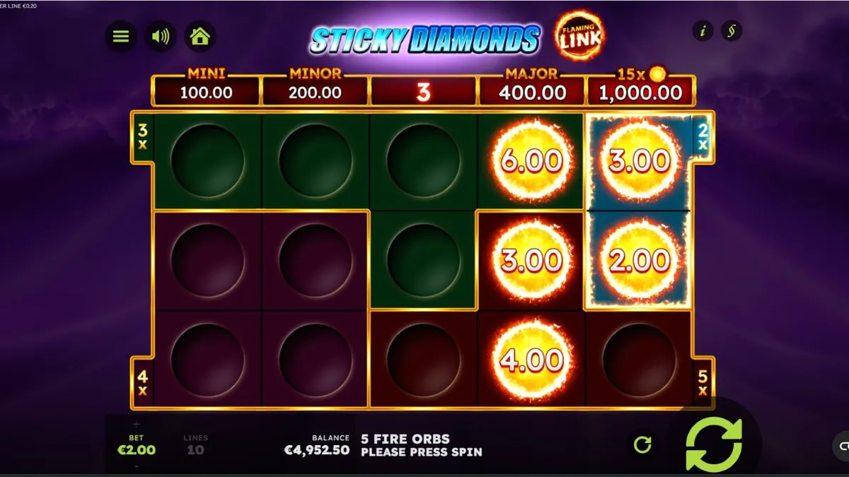 Tampilan layar permainan slot Sticky Diamonds Flaming Link dengan simbol buah dan berlian