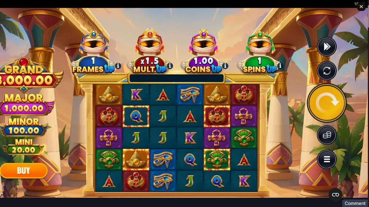 Tampilan visual slot Mummy Mania Perks Up Power Combo dengan tema mumi Mesir yang jenaka