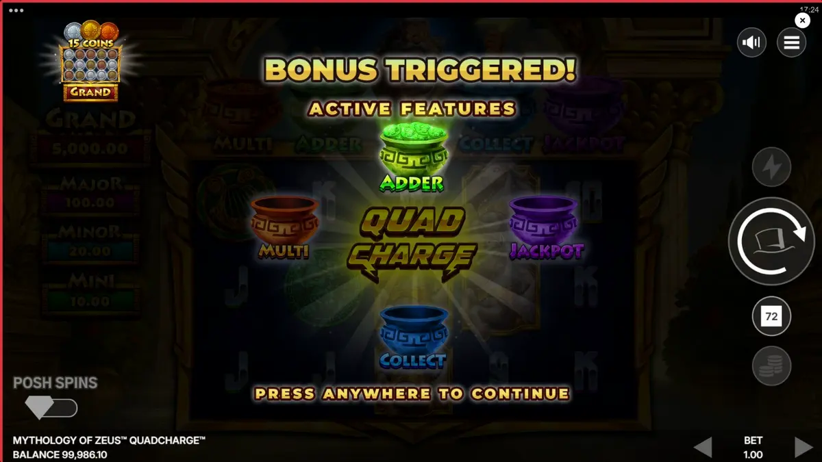 Tampilan visual slot Mythology of Zeus QUADCHARGE dengan latar belakang Gunung Olympus yang megah